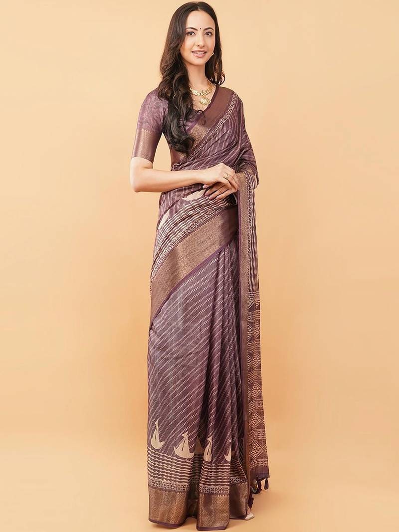 Purple polyester woven design saree with blouse