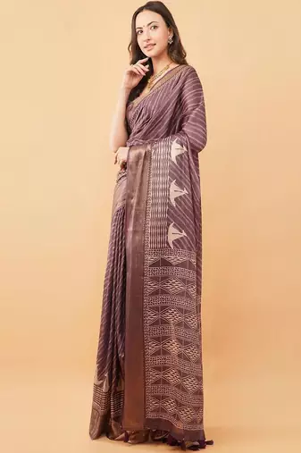 Purple polyester woven design saree with blouse