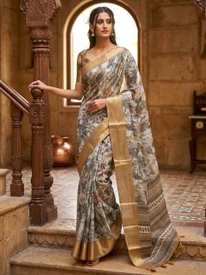 Grey polyester printed saree with blouse 1