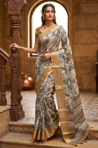 Grey polyester printed saree with blouse