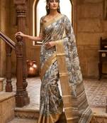 Grey polyester printed saree with blouse