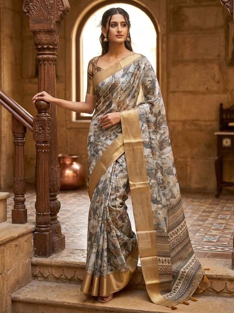Grey polyester printed saree with blouse