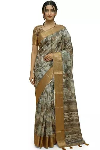 Grey polyester printed saree with blouse