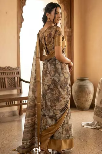 Grey polyester printed saree with blouse