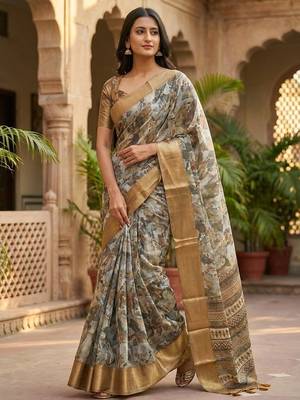 Grey polyester printed saree with blouse 4
