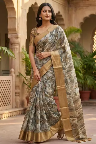 Grey polyester printed saree with blouse