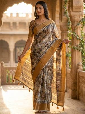 Grey polyester printed saree with blouse 5