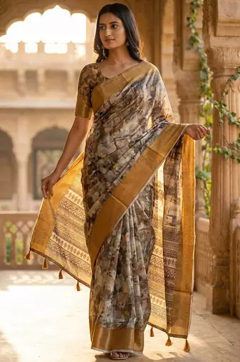 Grey polyester printed saree with blouse