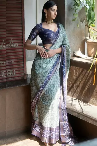 Sea green polyester printed saree with blouse
