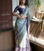 Sea green polyester printed saree with blouse