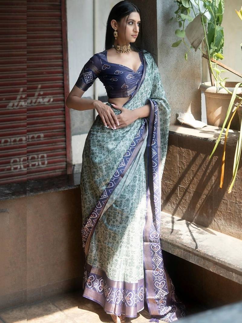 Sea green polyester printed saree with blouse