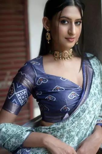 Sea green polyester printed saree with blouse