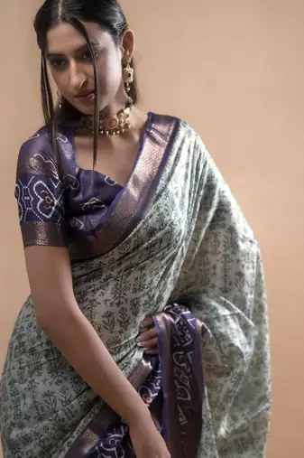 Sea green polyester printed saree with blouse
