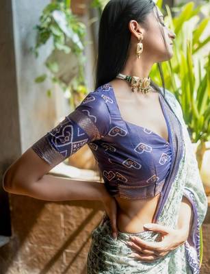 Sea green polyester printed saree with blouse 4