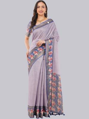 Lavender polyester printed saree with blouse 1