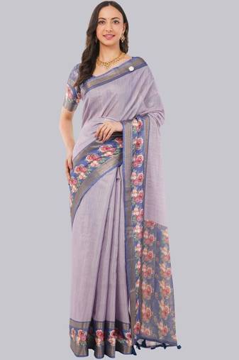Lavender polyester printed saree with blouse