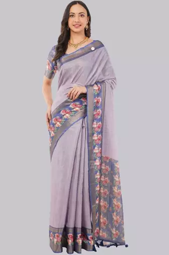 Lavender polyester printed saree with blouse