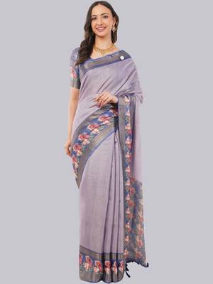 Lavender polyester printed saree with blouse 2