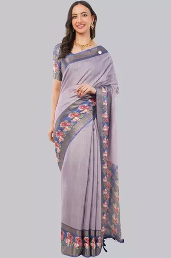 Lavender polyester printed saree with blouse