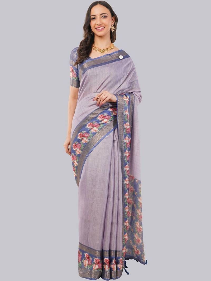 Lavender polyester printed saree with blouse