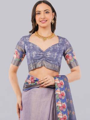 Lavender polyester printed saree with blouse 3