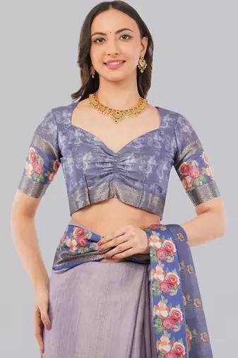 Lavender polyester printed saree with blouse