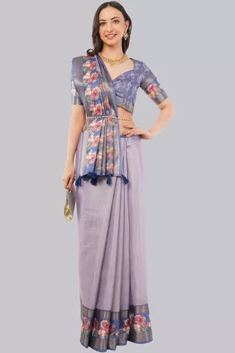 Lavender polyester printed saree with blouse