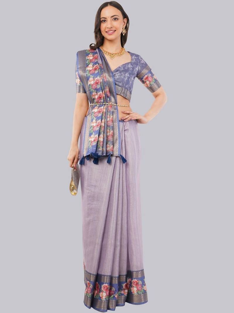 Lavender polyester printed saree with blouse