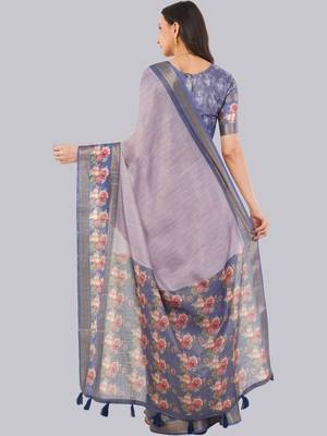 Lavender polyester printed saree with blouse 5