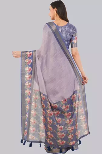 Lavender polyester printed saree with blouse