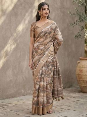 Brown polyester printed saree with blouse 1