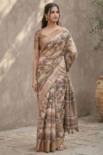 Brown polyester printed saree with blouse