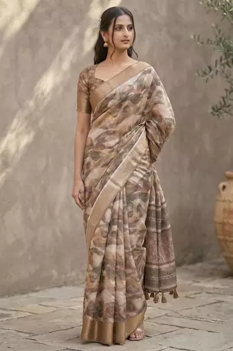 Brown polyester printed saree with blouse