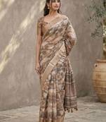 Brown polyester printed saree with blouse