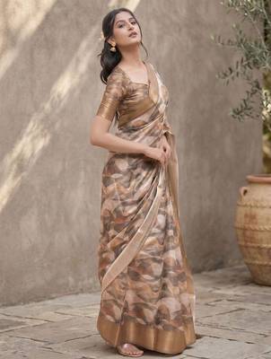 Brown polyester printed saree with blouse 2