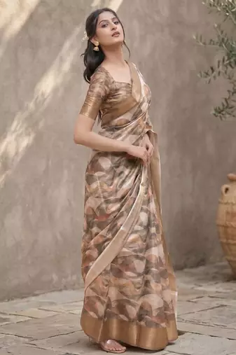 Brown polyester printed saree with blouse
