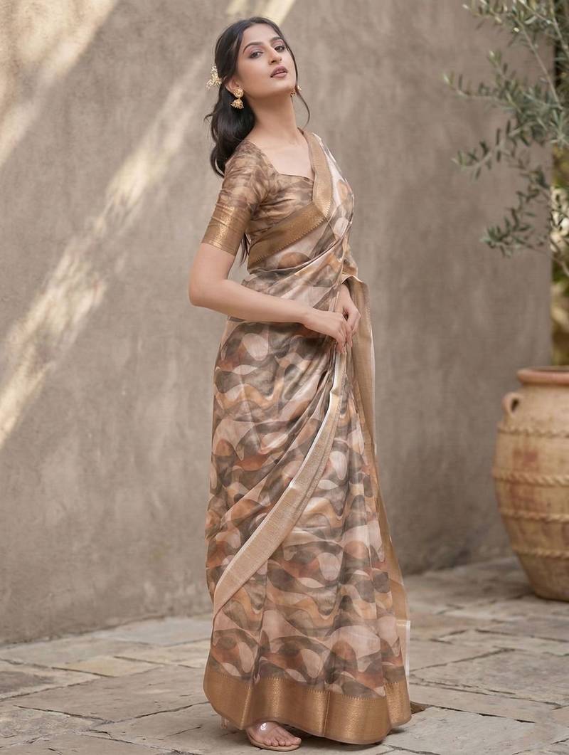 Brown polyester printed saree with blouse