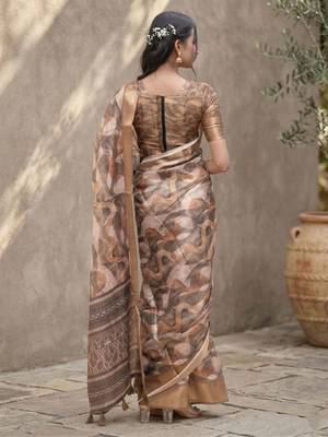 Brown polyester printed saree with blouse 3