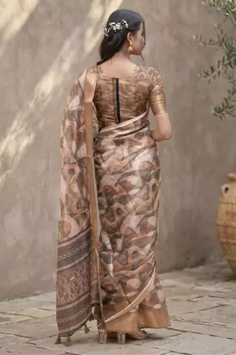 Brown polyester printed saree with blouse