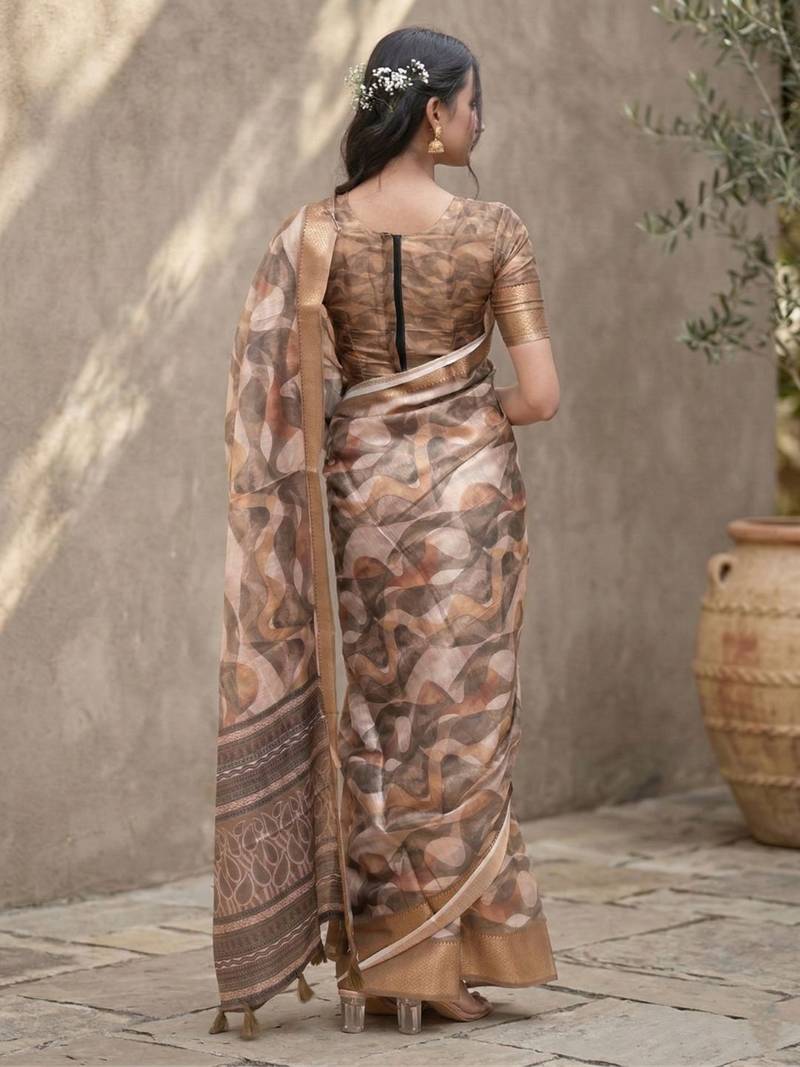 Brown polyester printed saree with blouse