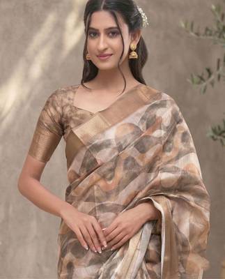 Brown polyester printed saree with blouse 4