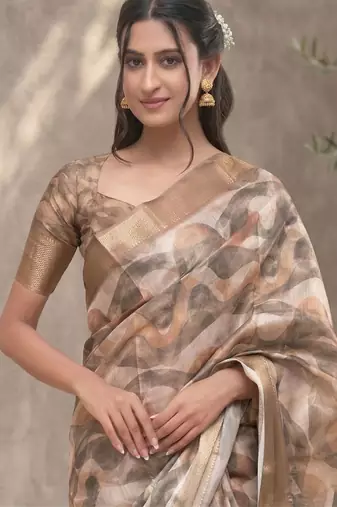 Brown polyester printed saree with blouse