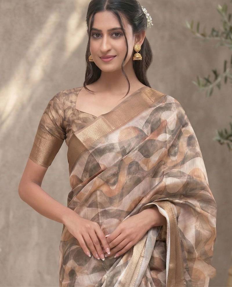 Brown polyester printed saree with blouse