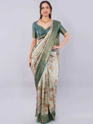 Off white polyester printed saree with blouse 1