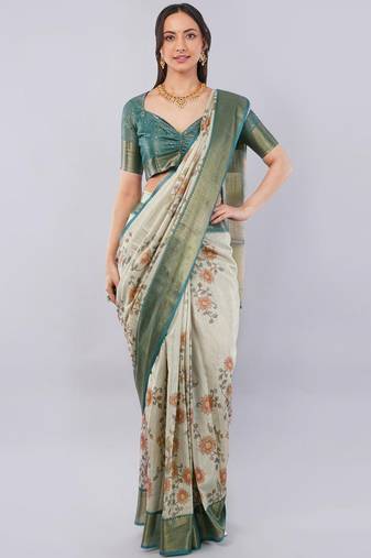 Off white polyester printed saree with blouse