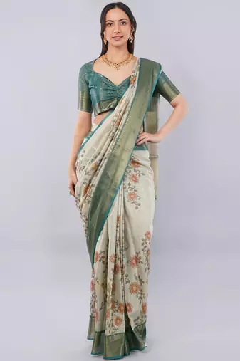 Off white polyester printed saree with blouse