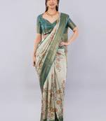 Off white polyester printed saree with blouse
