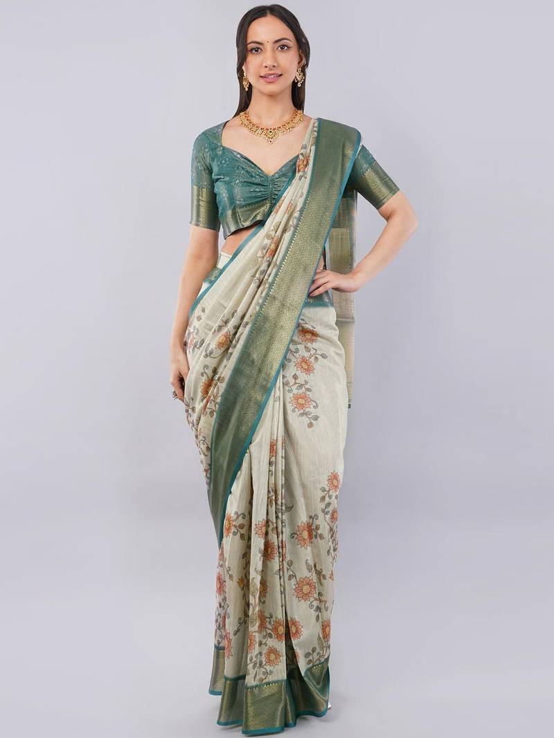 Off white polyester printed saree with blouse
