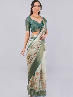 Off white polyester printed saree with blouse 2