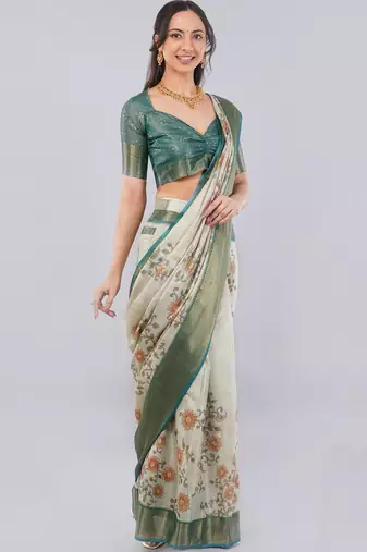 Off white polyester printed saree with blouse
